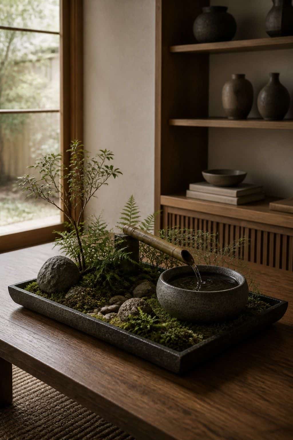 Japanese zen home decor idea with indoor garden tray in a calm natural interior.