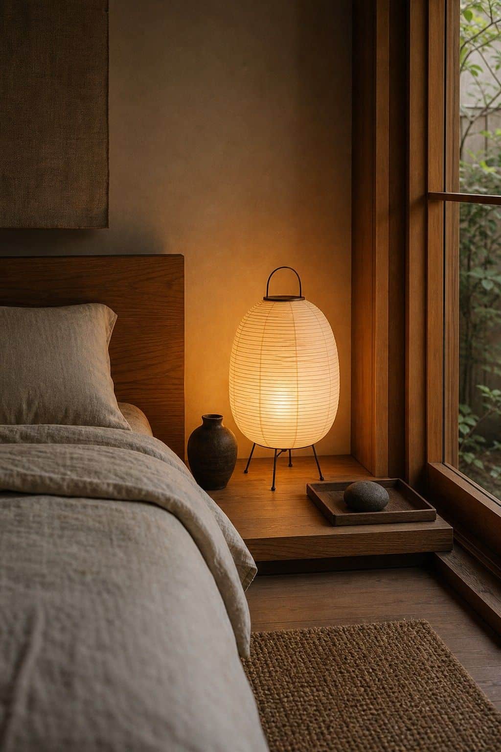 Japanese zen home decor idea with paper lantern glow in a calm natural interior.