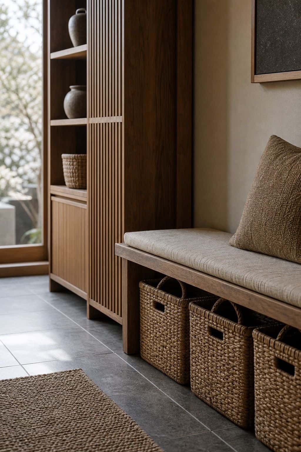 Japanese zen home decor idea with hidden clutter baskets in a calm natural interior.