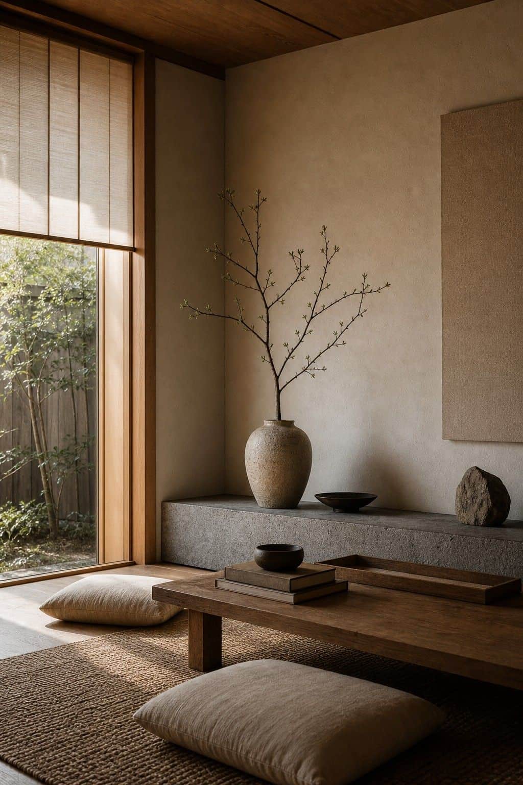 Japanese zen home decor idea with neutral wall palette in a calm natural interior.
