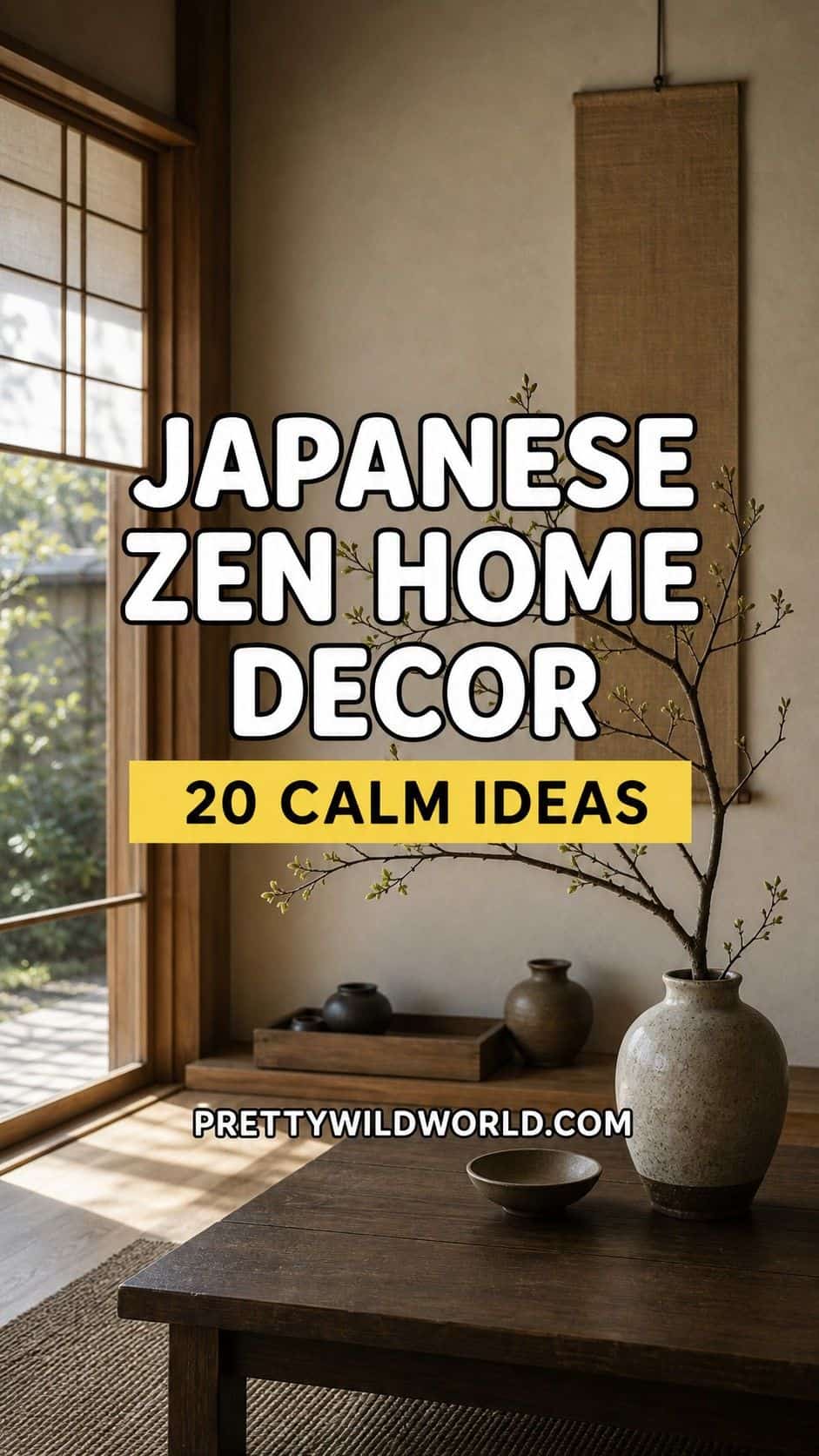 Pinterest pin for Japanese zen home decor ideas with a calm minimalist interior.