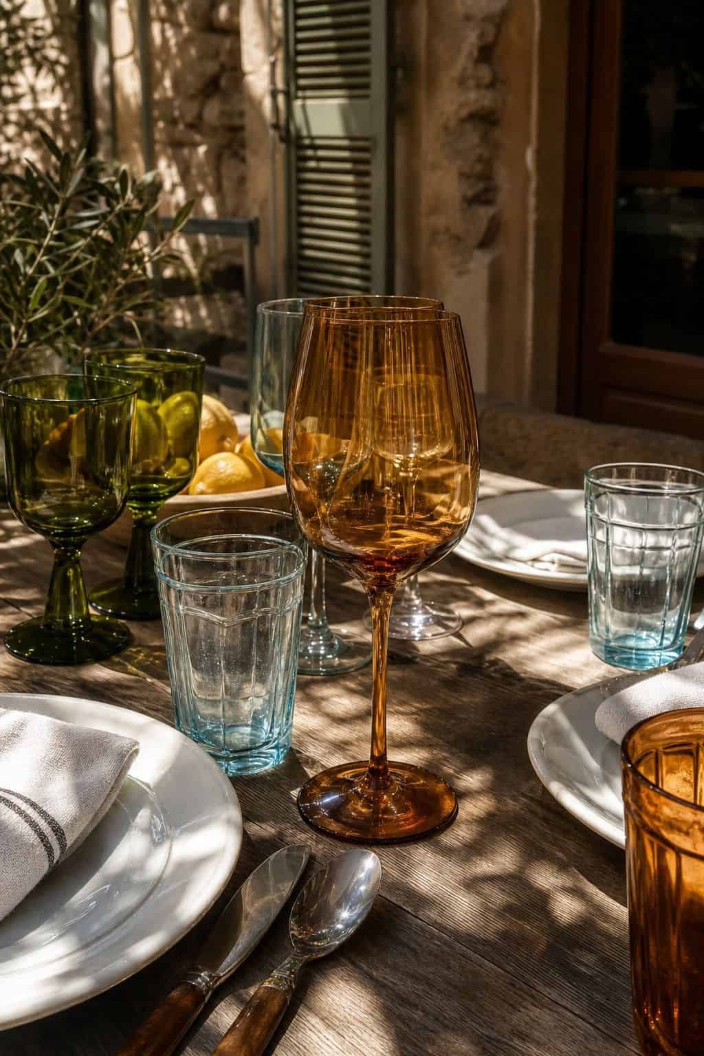 Summer table setting with colorful glassware and casual layered dishes.