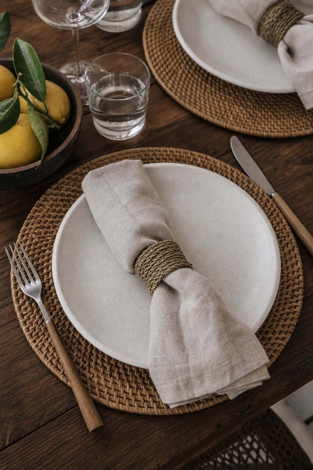 Summer table setting with woven charger plates and natural textures.