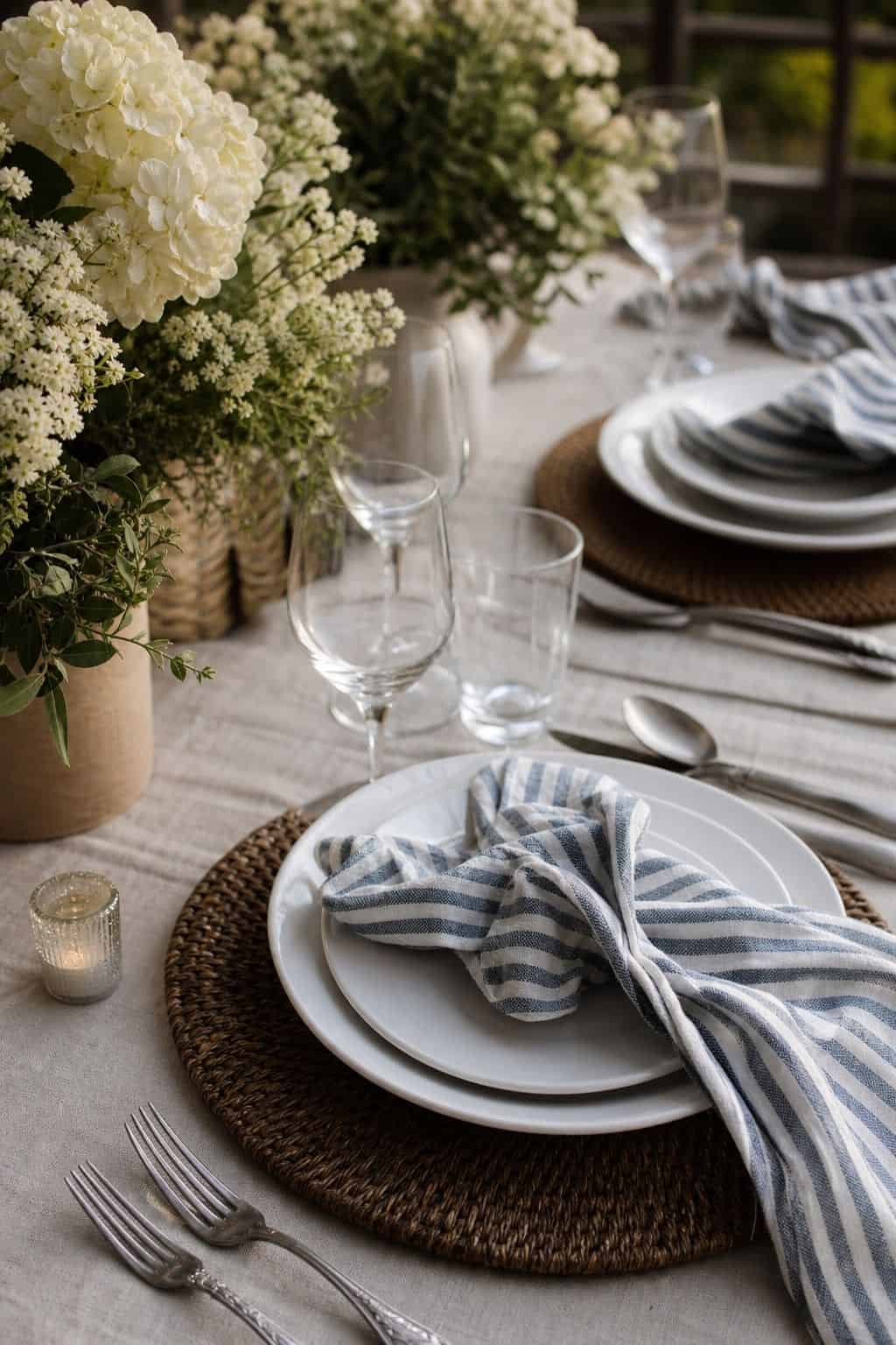 Summer table setting with striped cloth napkins and crisp white dishes.