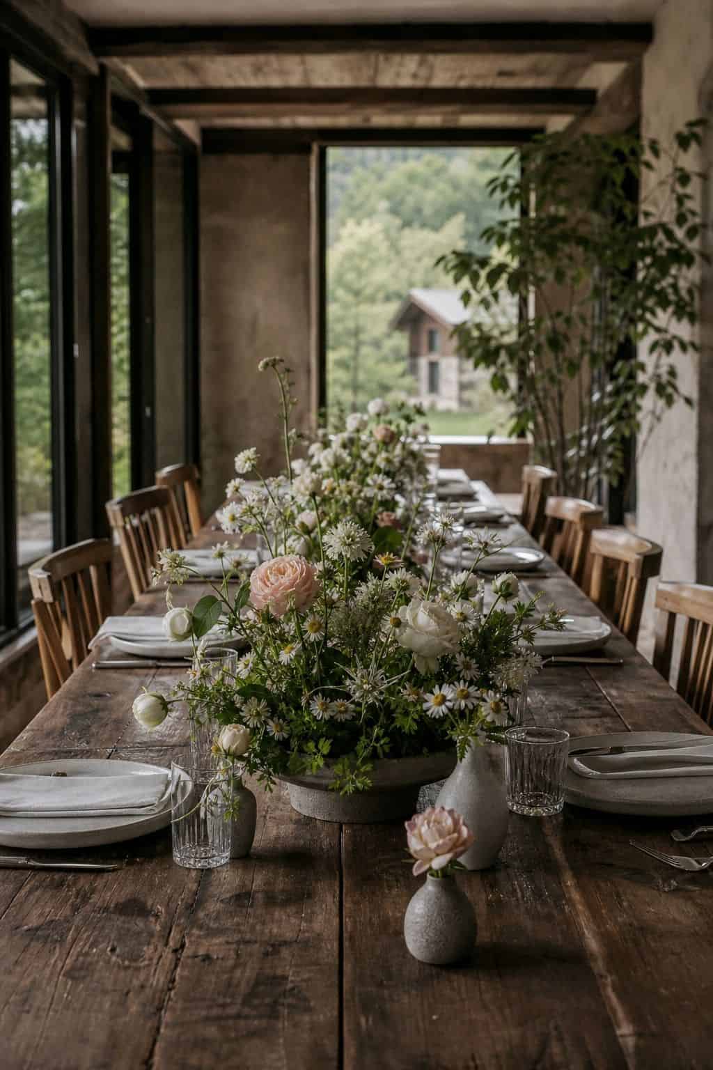 Summer table setting with a low flower centerpiece and layered place settings.