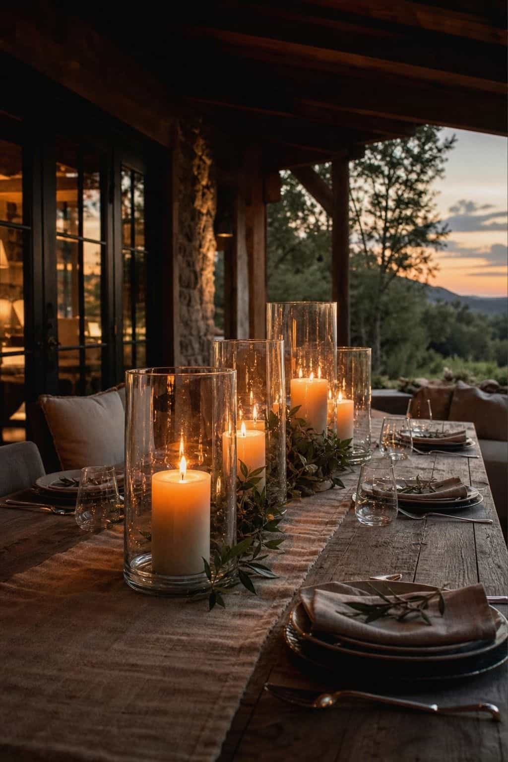 Summer table setting with glass hurricane candles and a soft evening glow.