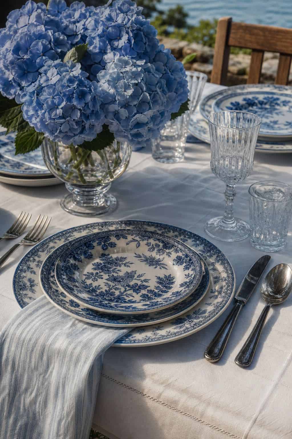 Blue and white summer table setting with patterned plates and crisp linens.