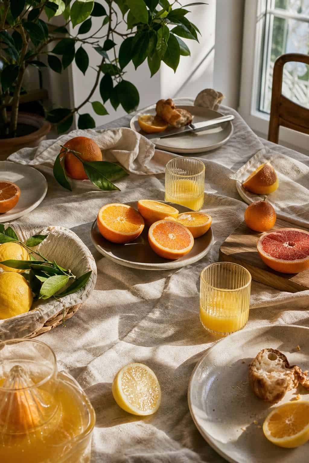Summer brunch table setting with citrus accents and bright casual dishes.