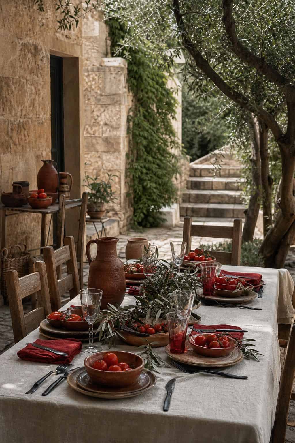 Summer dinner table setting with tomato red accents and rustic dishes.