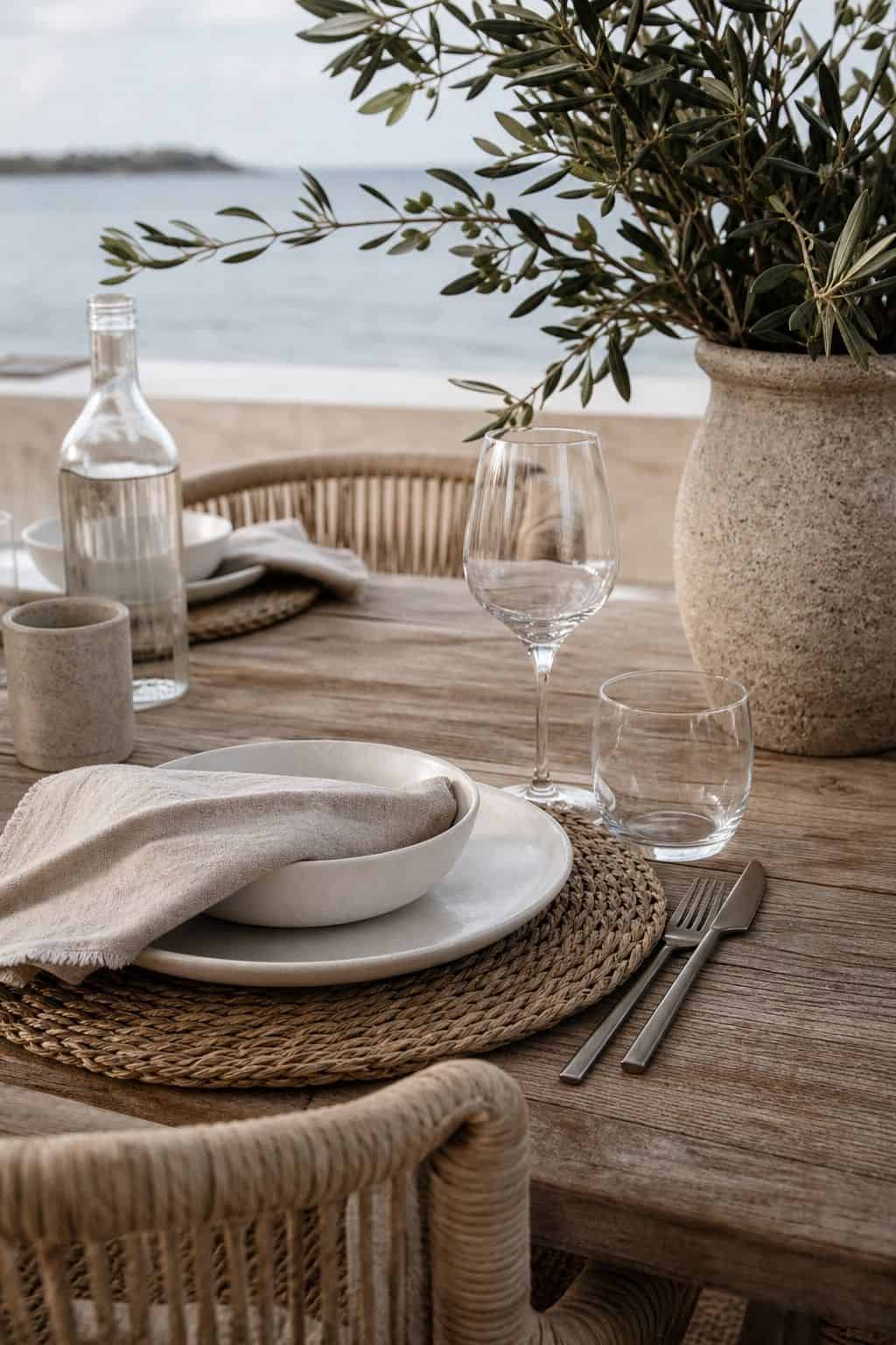 Coastal neutral summer table setting with woven textures and pale linens.