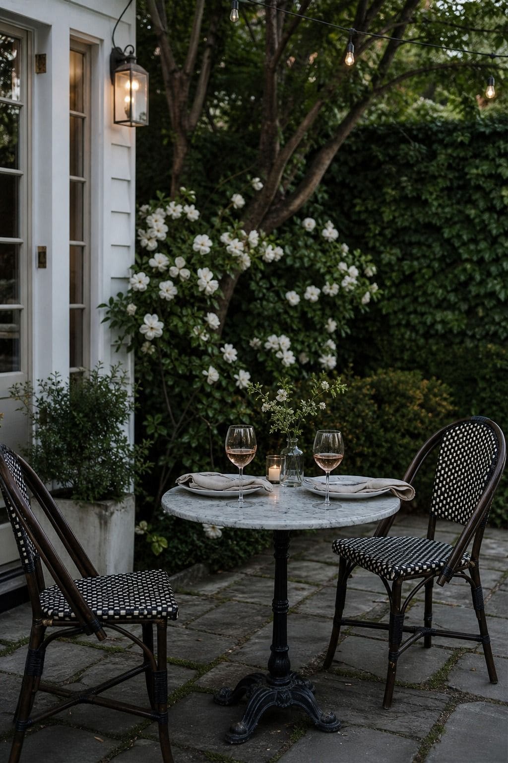 Backyard bistro summer table setting with simple dishes and garden dining details.