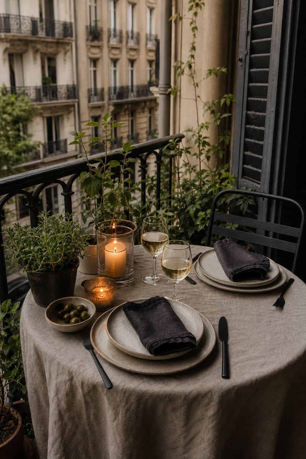 Small balcony summer dinner setting with compact table decor and candlelight.