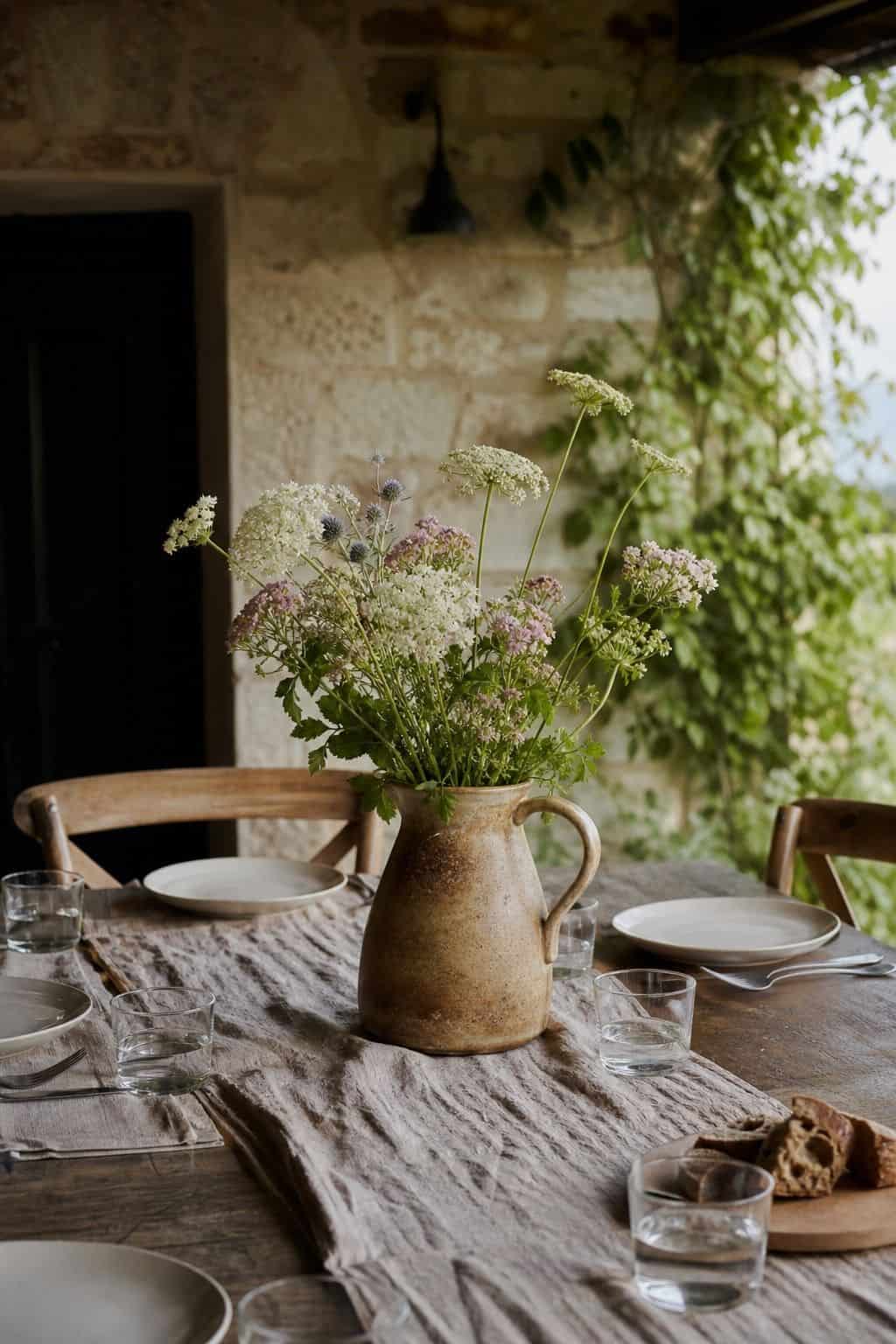 Summer table setting with a ceramic pitcher used as a simple centerpiece.