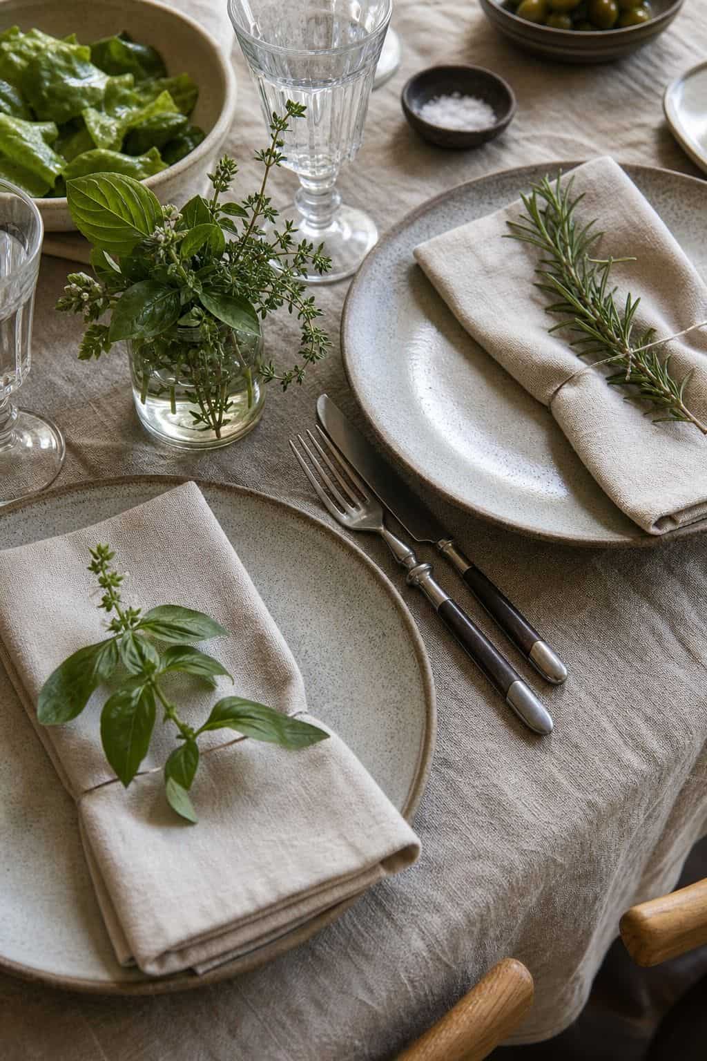 Summer table setting with small herb sprigs placed at each plate.