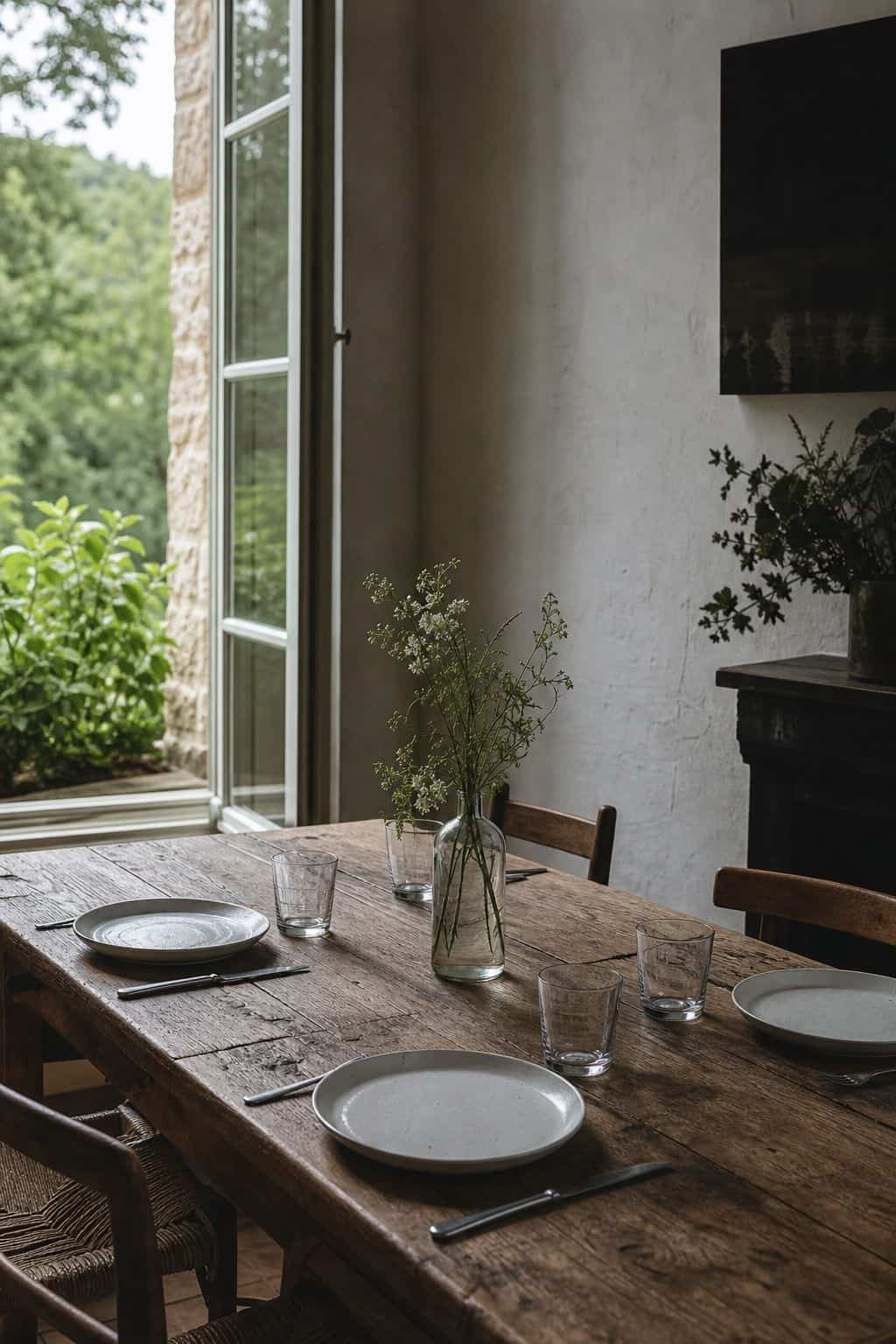 Bare wood summer table setting with simple plates and understated natural styling.
