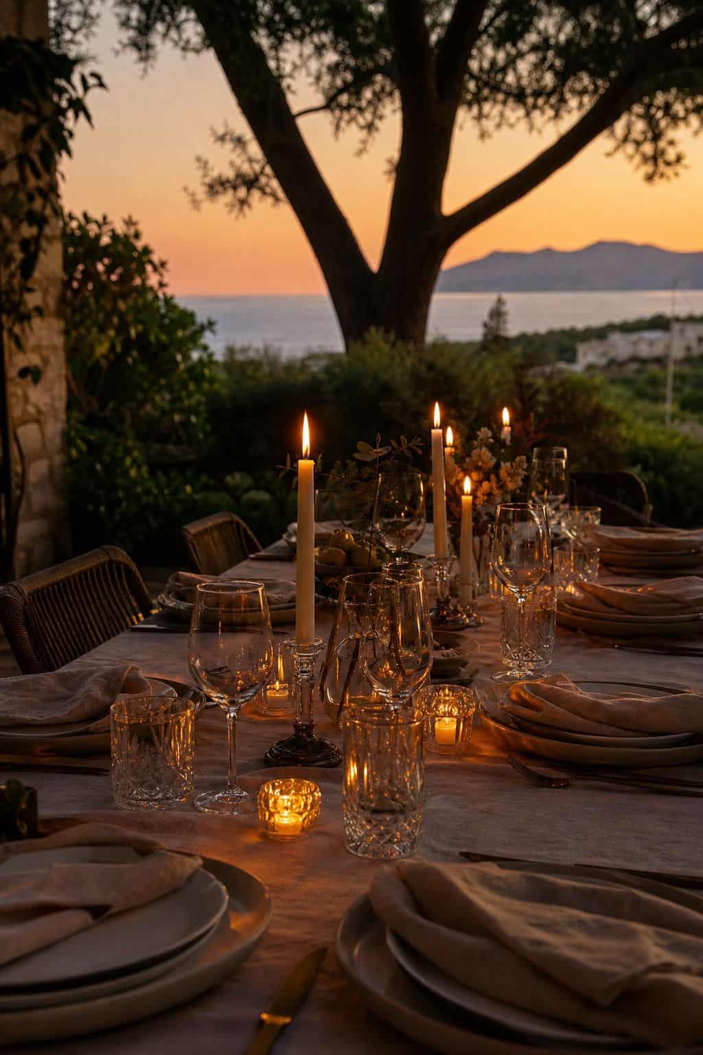 Summer table setting at sunset with candles and warm evening light.