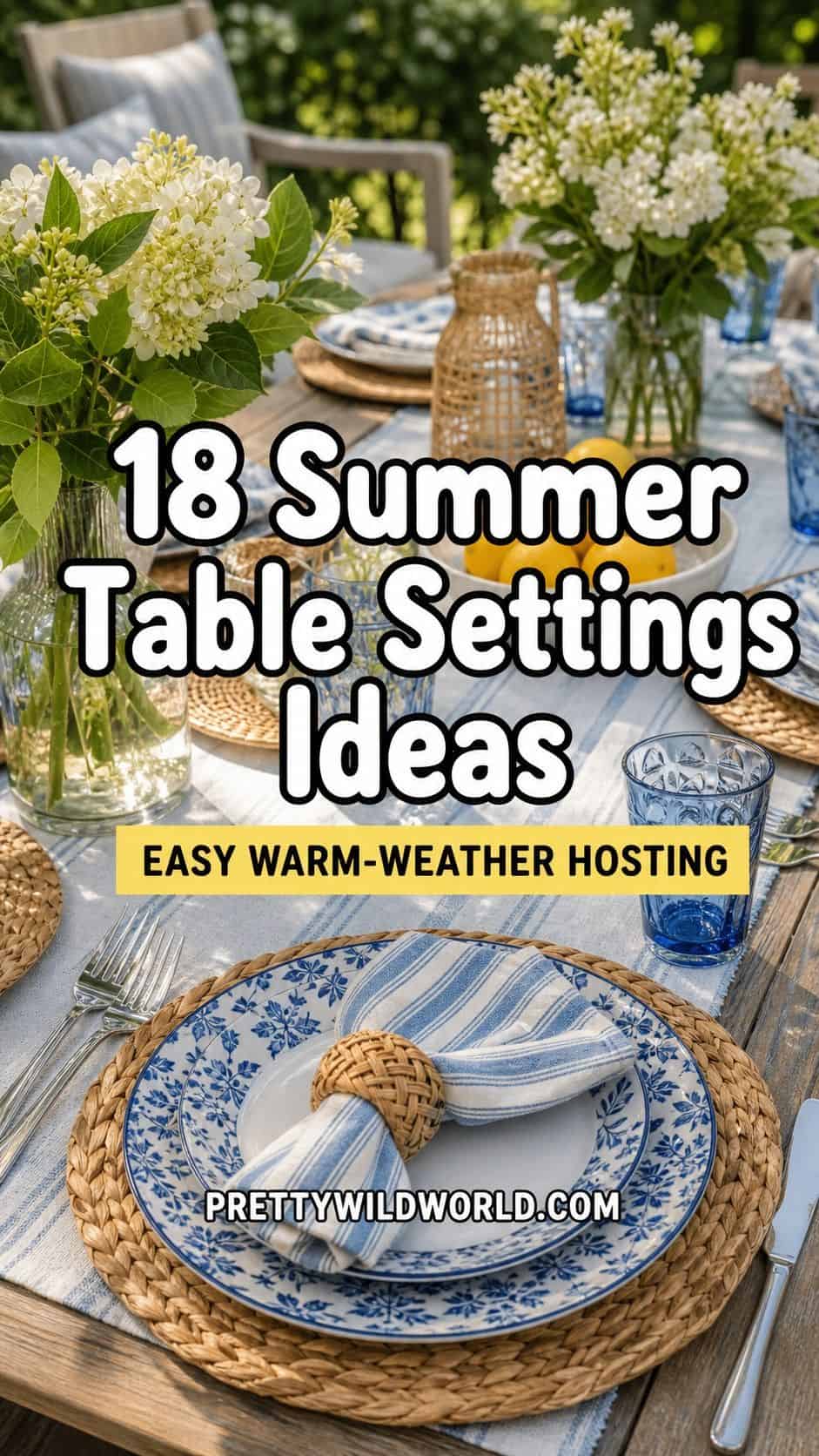 Pinterest pin for summer table settings ideas with a styled outdoor table.