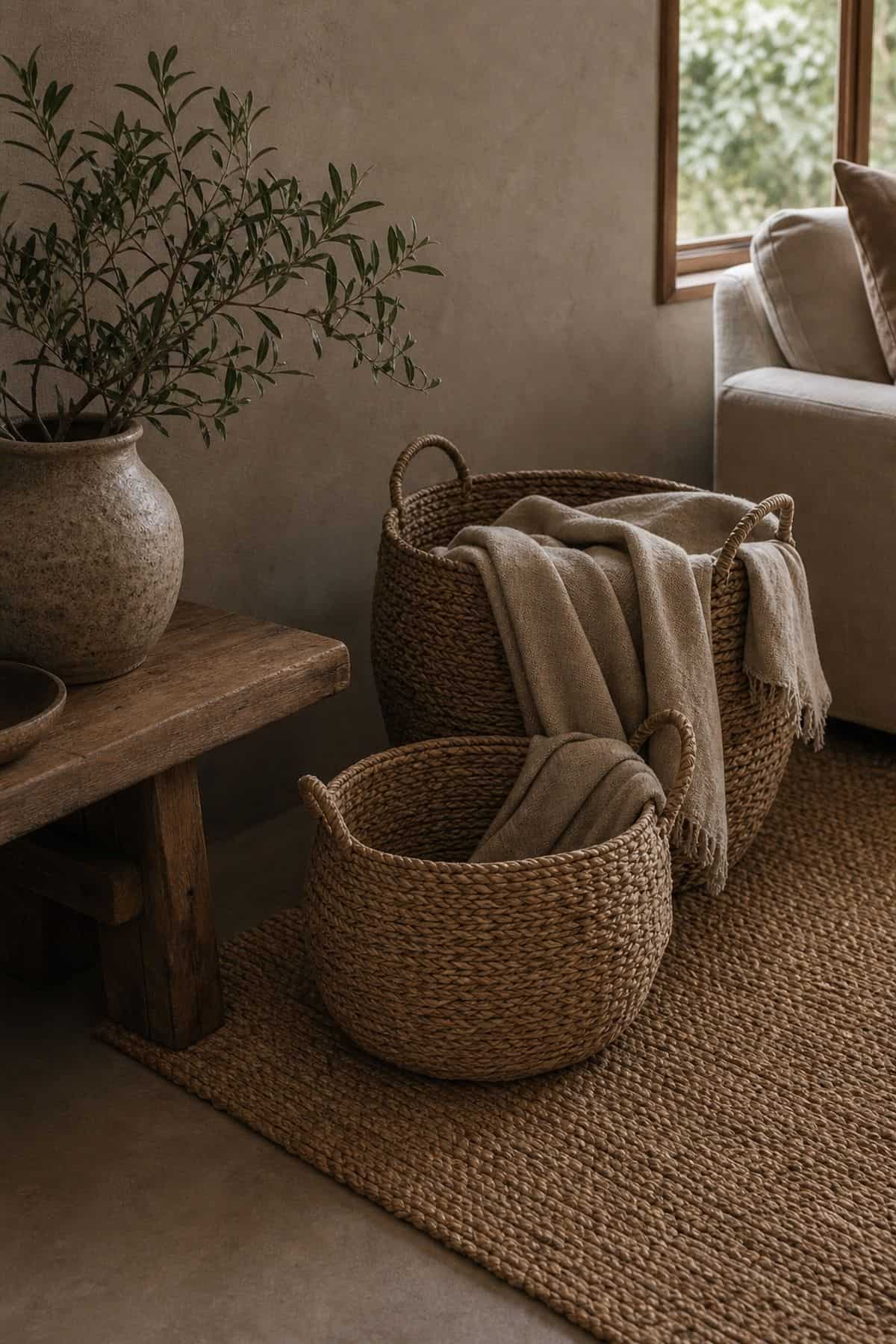 Zen boho room detail with woven storage baskets