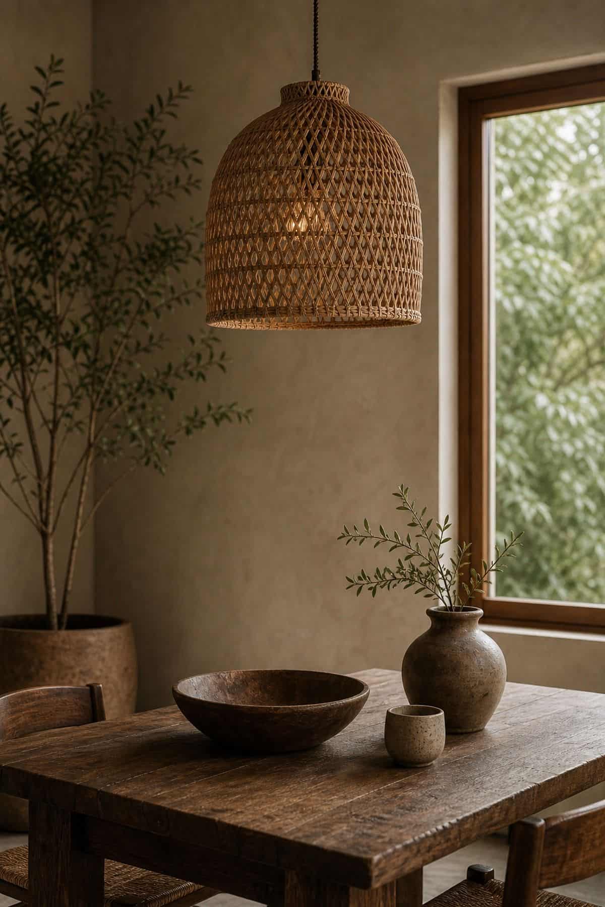 Zen boho room detail with bamboo pendant light