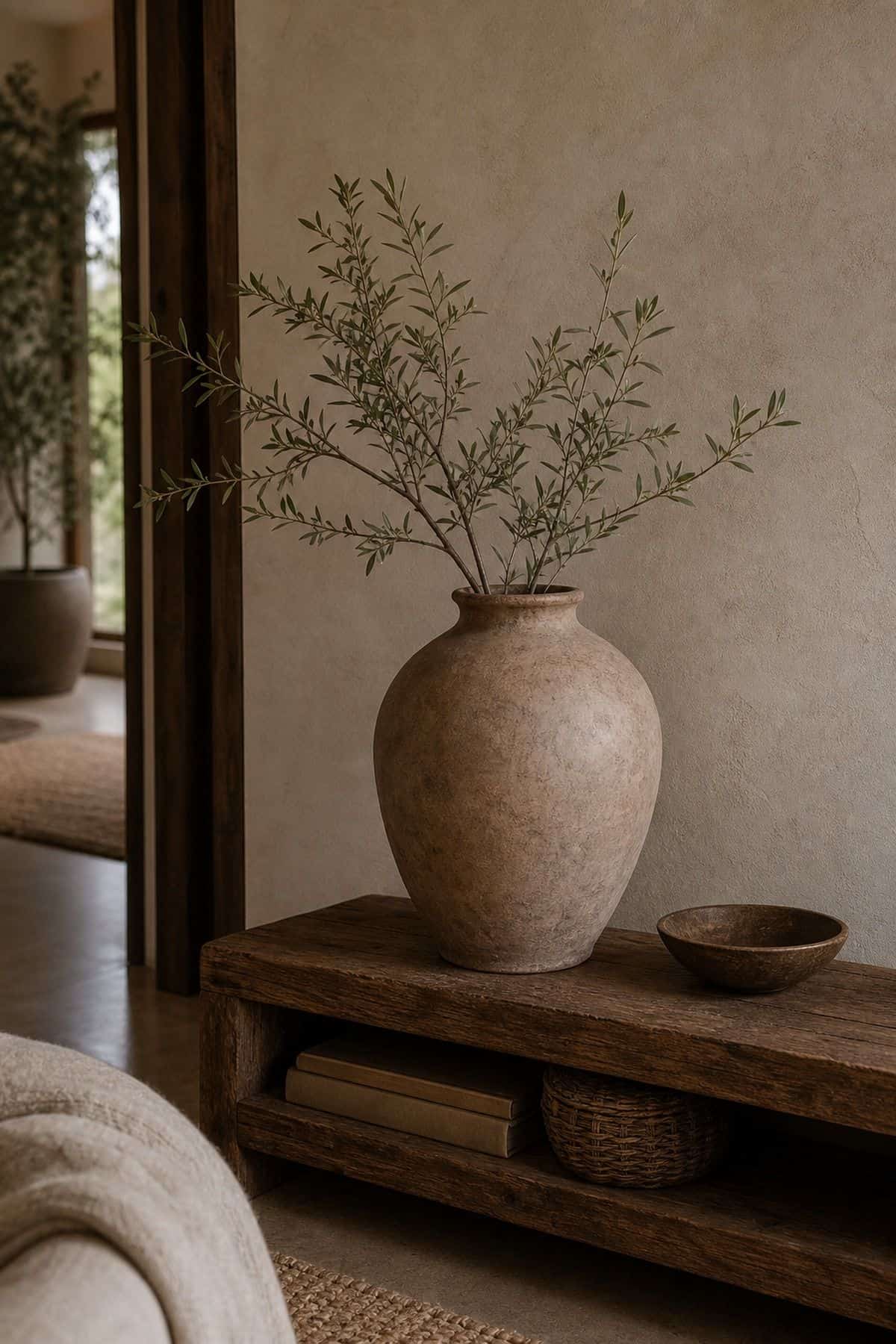 Zen boho room detail with clay vase moment