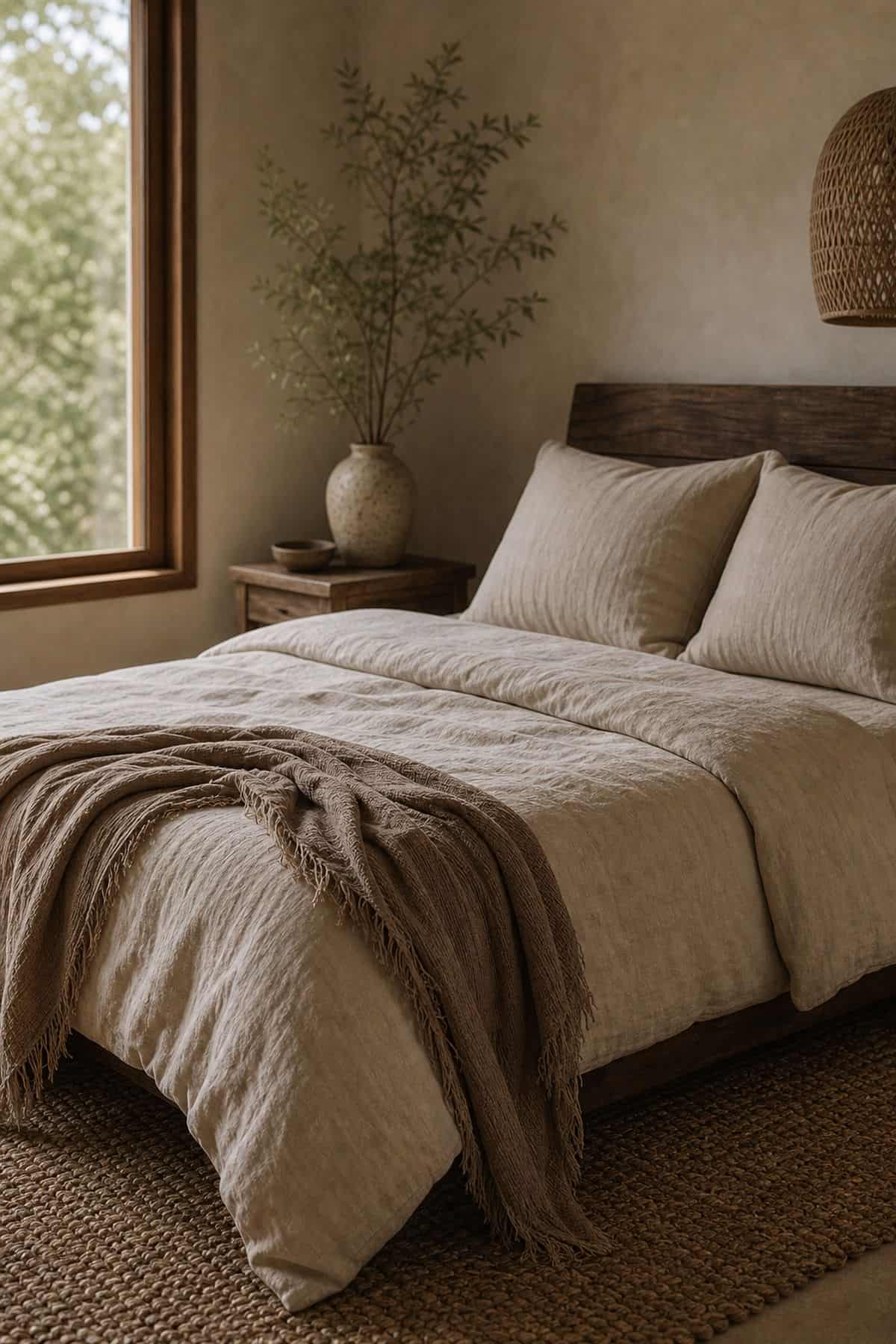 Zen boho room detail with layered but quiet bedding