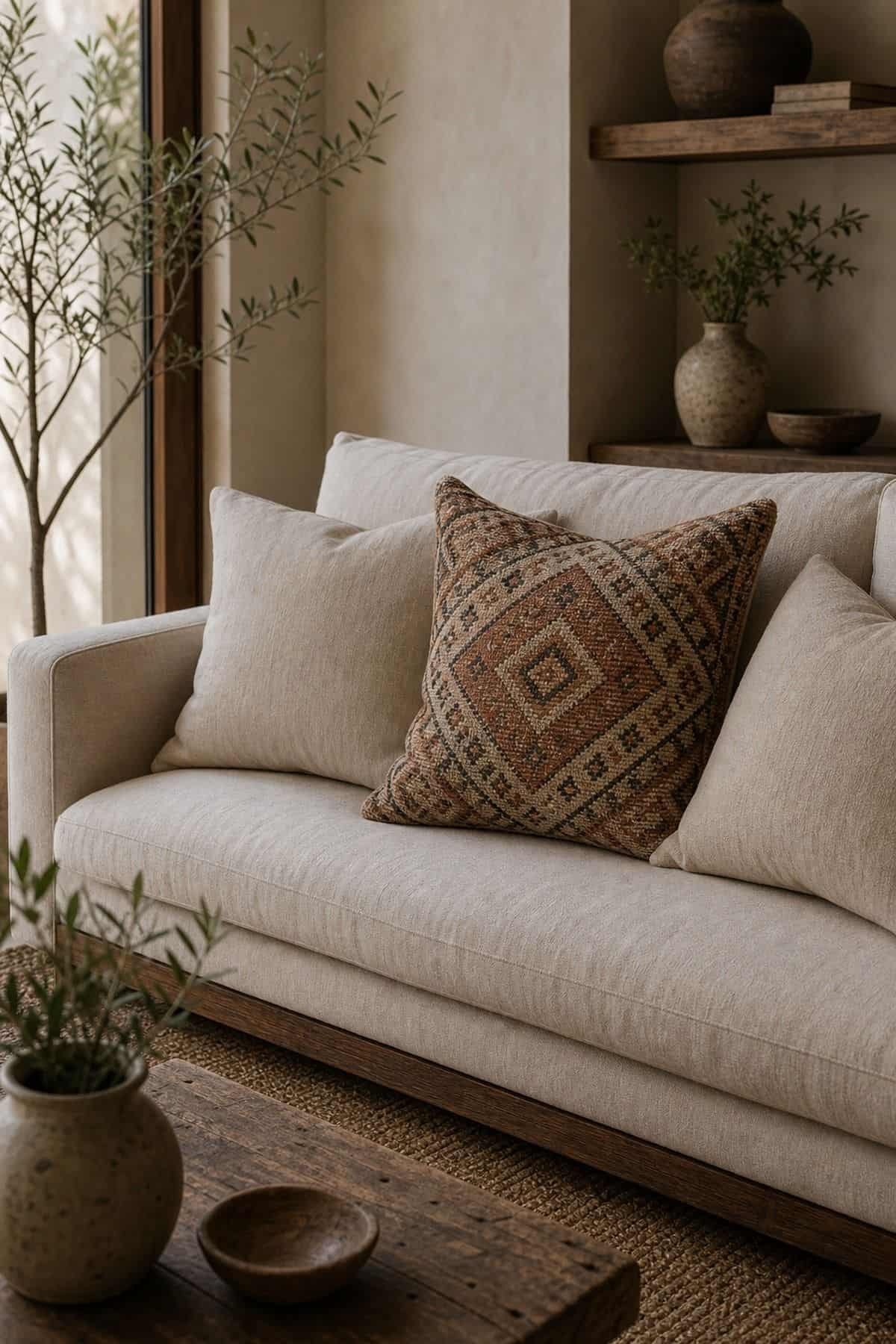 Zen boho room detail with one patterned pillow