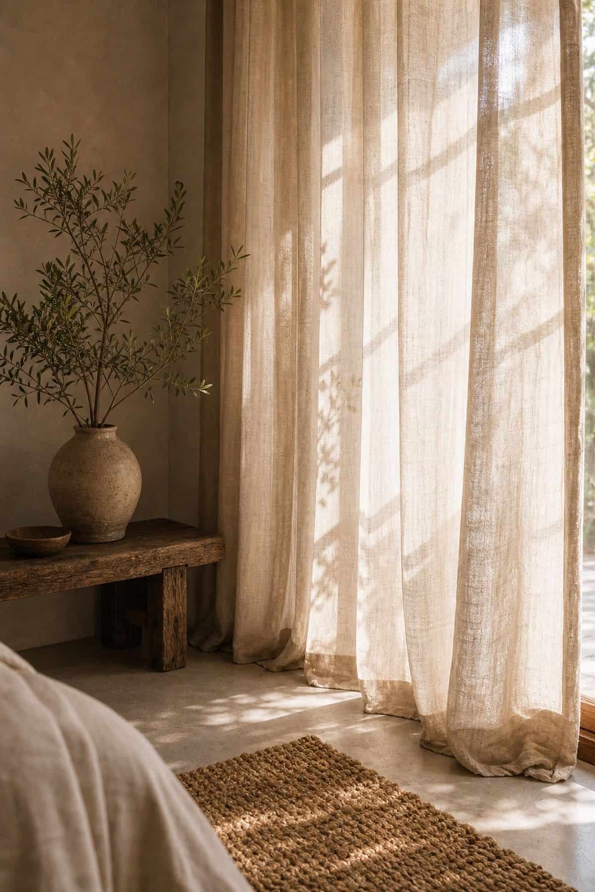 Zen boho room detail with curtains that filter light