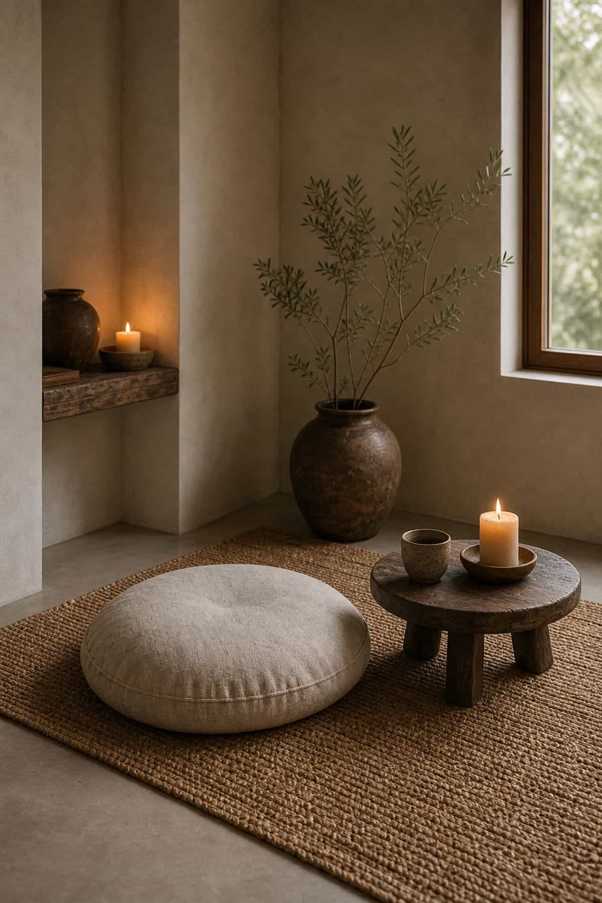 Zen boho room detail with small meditation nook