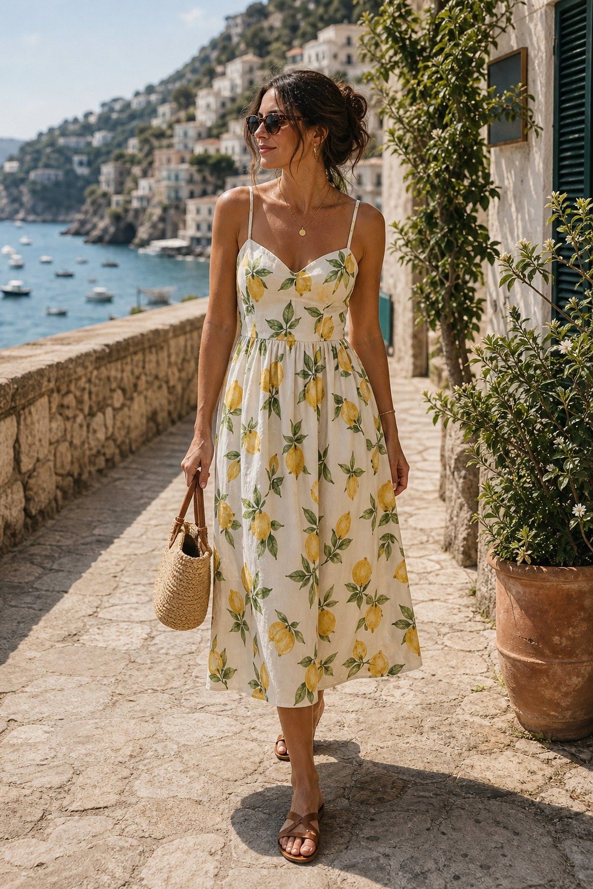 Dolce Vita outfit idea featuring lemon print midi dress for a chic Italian summer wardrobe.