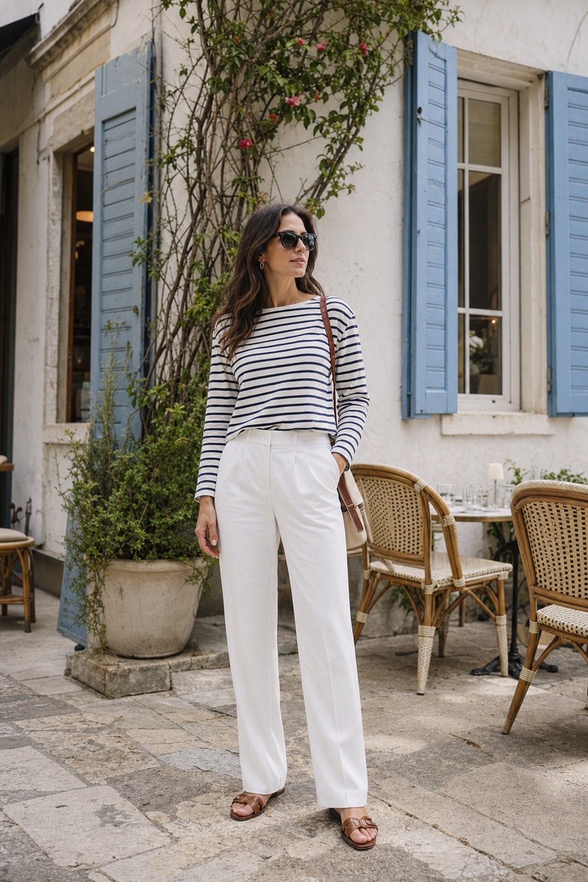 Dolce Vita outfit idea featuring striped knit with white trousers for a chic Italian summer wardrobe.