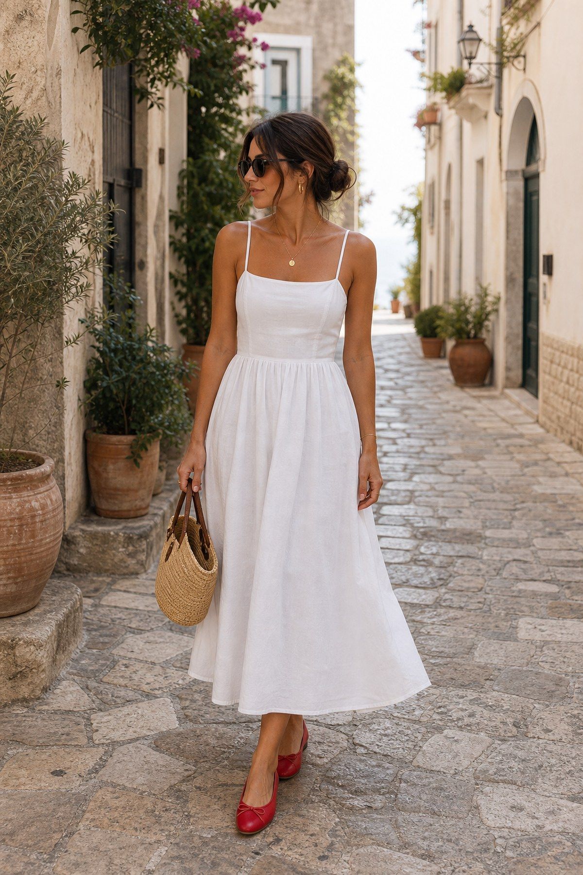 Dolce Vita outfit idea featuring red ballet flats with a white dress for a chic Italian summer wardrobe.