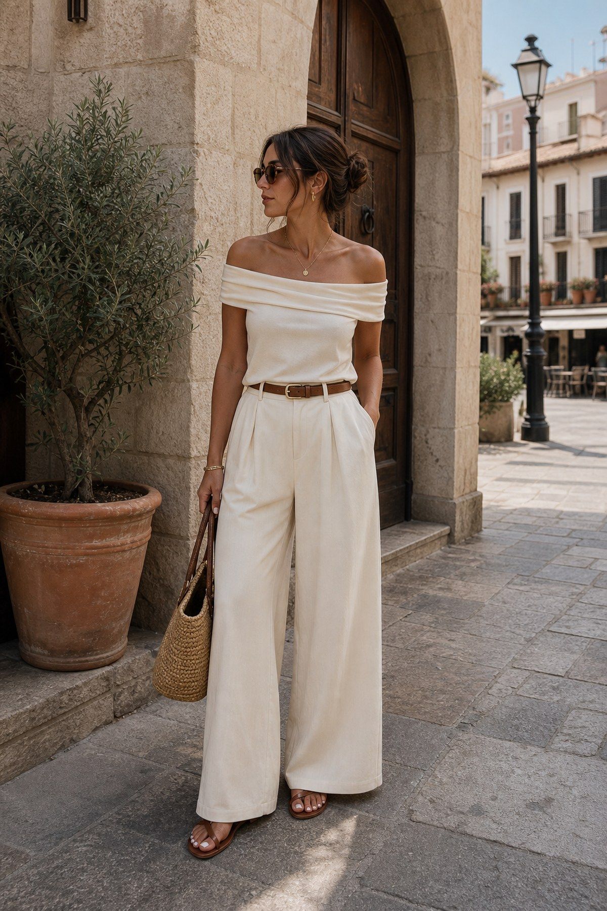 Dolce Vita outfit idea featuring off shoulder top with wide leg pants for a chic Italian summer wardrobe.