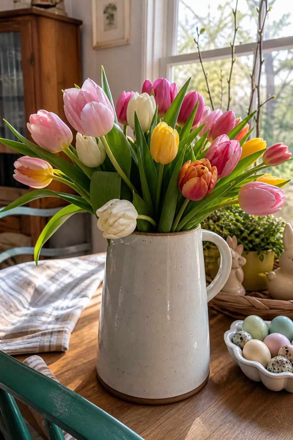 Tulips in a Pitcher shown as a realistic Pretty Wild World image for 18 Easter Flower Arrangements for a Fresh Joyful Spring Home.