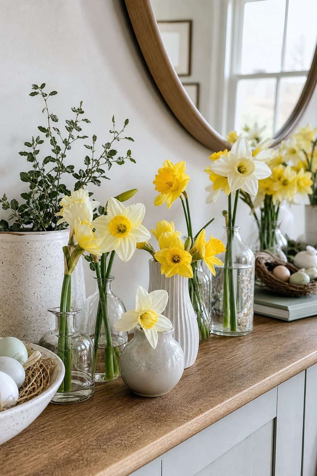Daffodils in Bud Vases shown as a realistic Pretty Wild World image for 18 Easter Flower Arrangements for a Fresh Joyful Spring Home.
