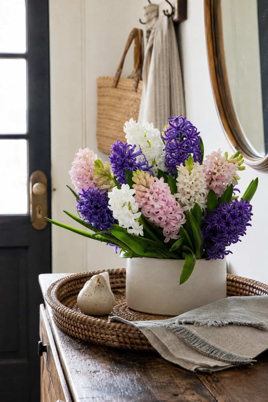 Hyacinths by the Entry shown as a realistic Pretty Wild World image for 18 Easter Flower Arrangements for a Fresh Joyful Spring Home.