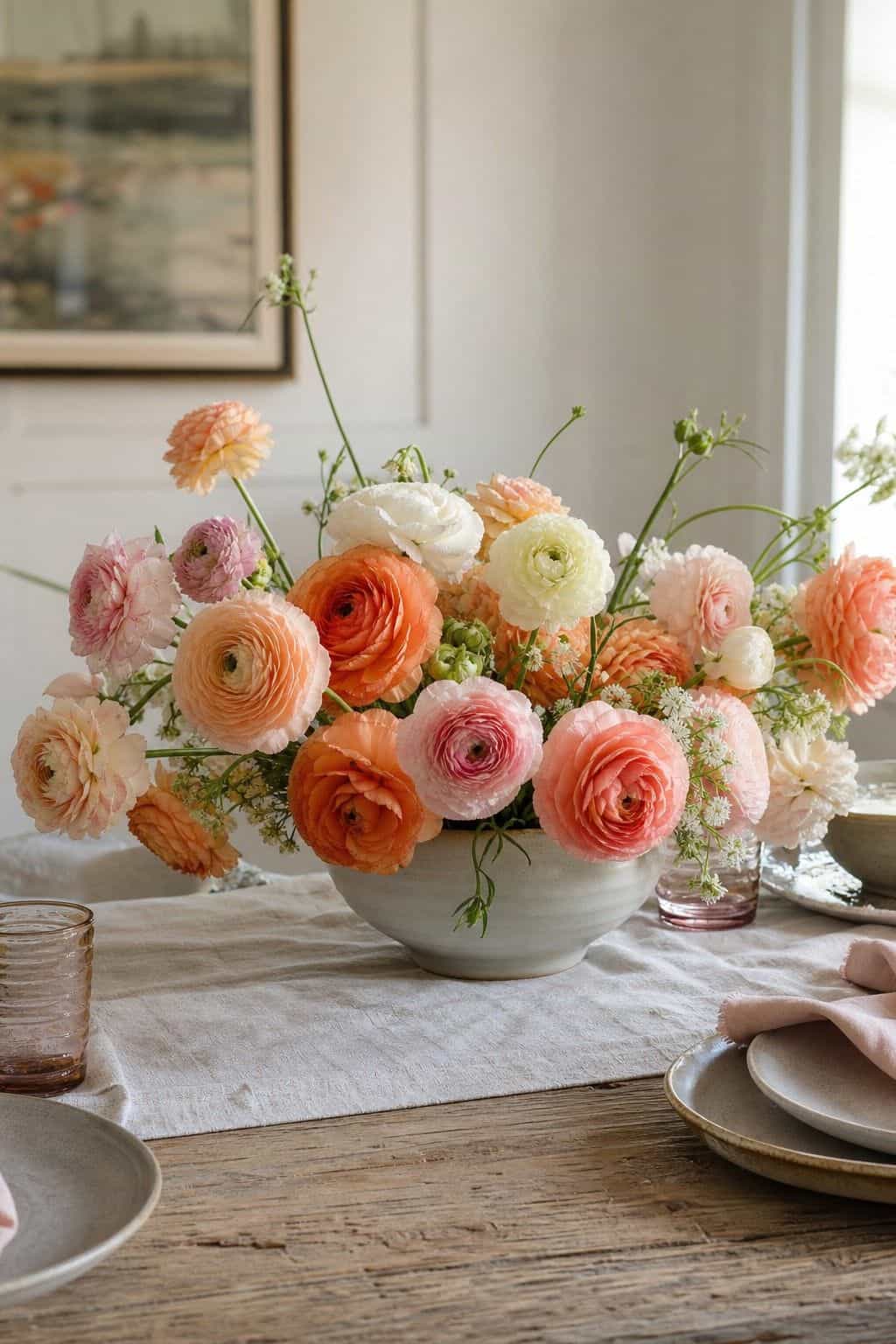Ranunculus Centerpiece shown as a realistic Pretty Wild World image for 18 Easter Flower Arrangements for a Fresh Joyful Spring Home.