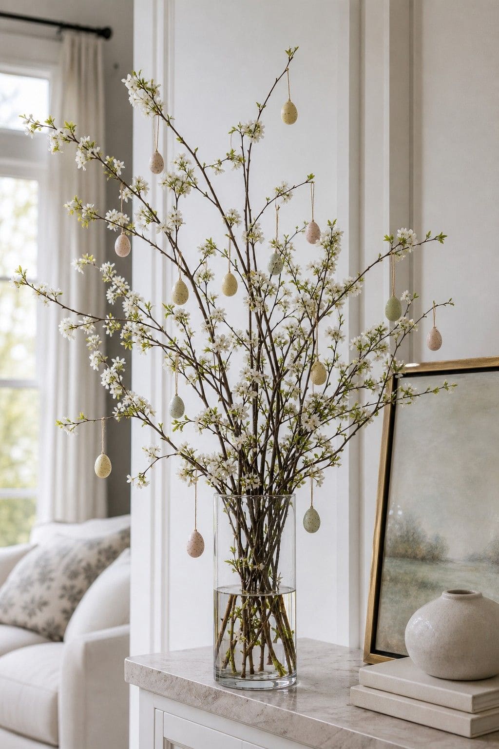 Branches With Tiny Eggs shown as a realistic Pretty Wild World image for 18 Easter Flower Arrangements for a Fresh Joyful Spring Home.