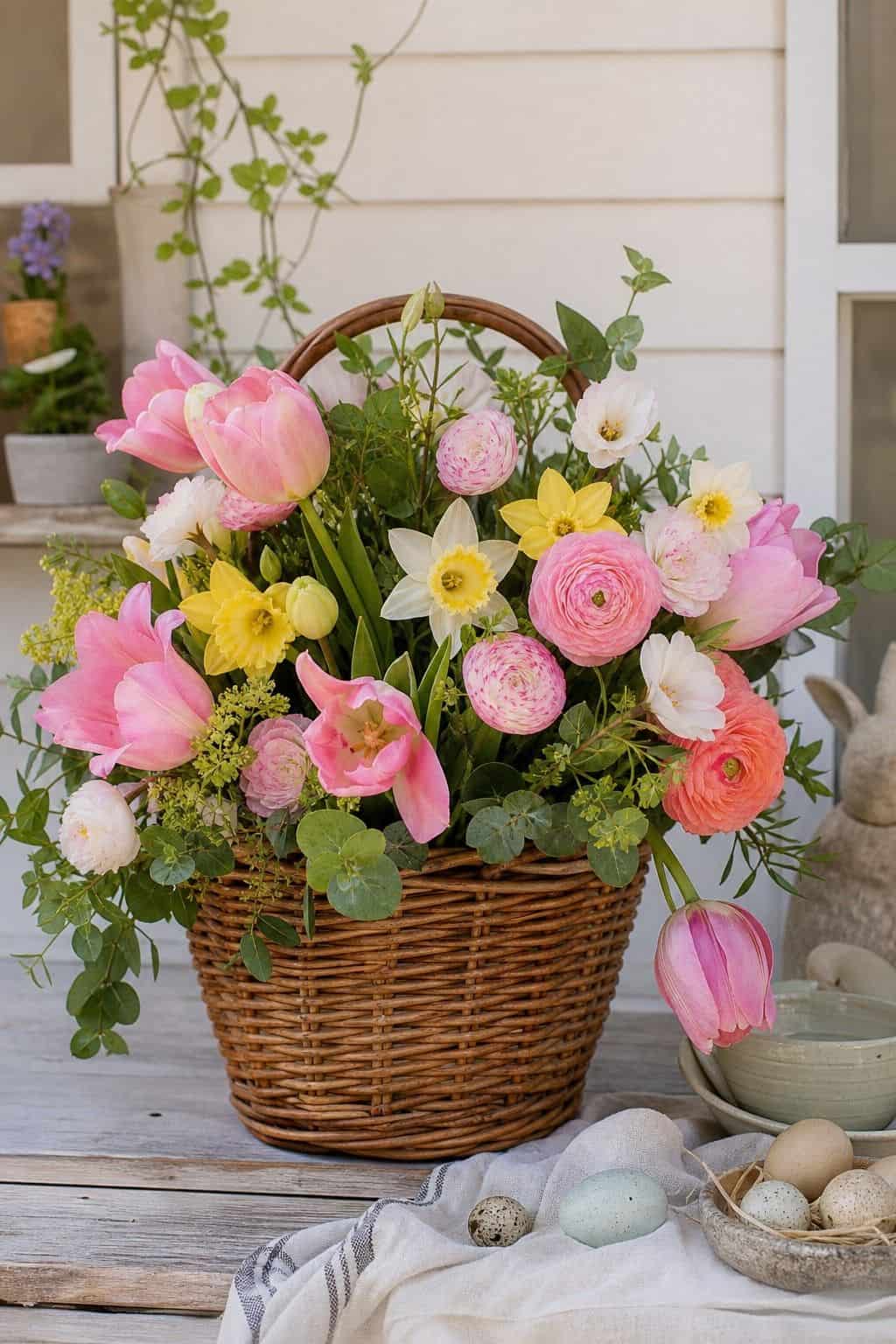 Basket of Spring Flowers shown as a realistic Pretty Wild World image for 18 Easter Flower Arrangements for a Fresh Joyful Spring Home.