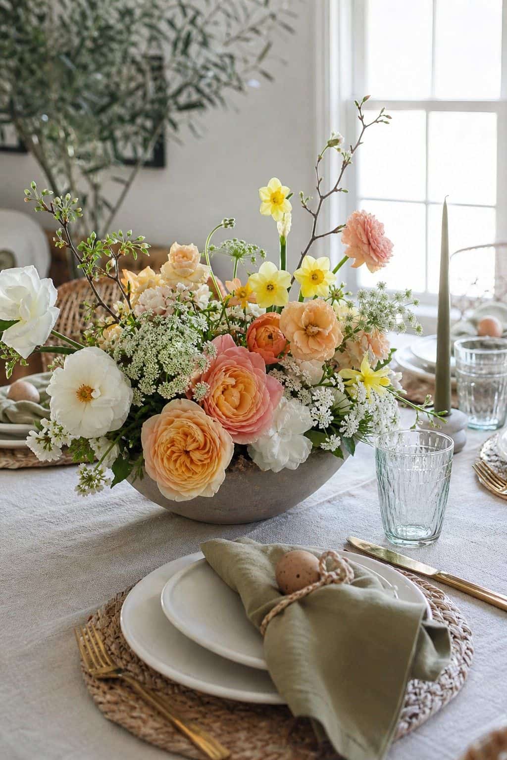 Low Dining Table Arrangement shown as a realistic Pretty Wild World image for 18 Easter Flower Arrangements for a Fresh Joyful Spring Home.