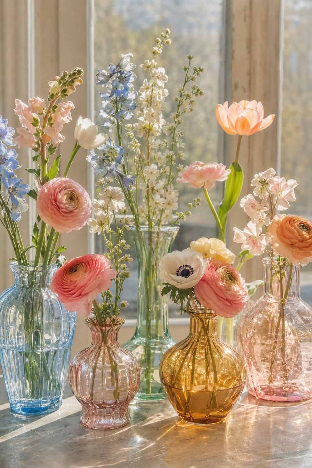 Pastel Glass Vase Mix shown as a realistic Pretty Wild World image for 18 Easter Flower Arrangements for a Fresh Joyful Spring Home.
