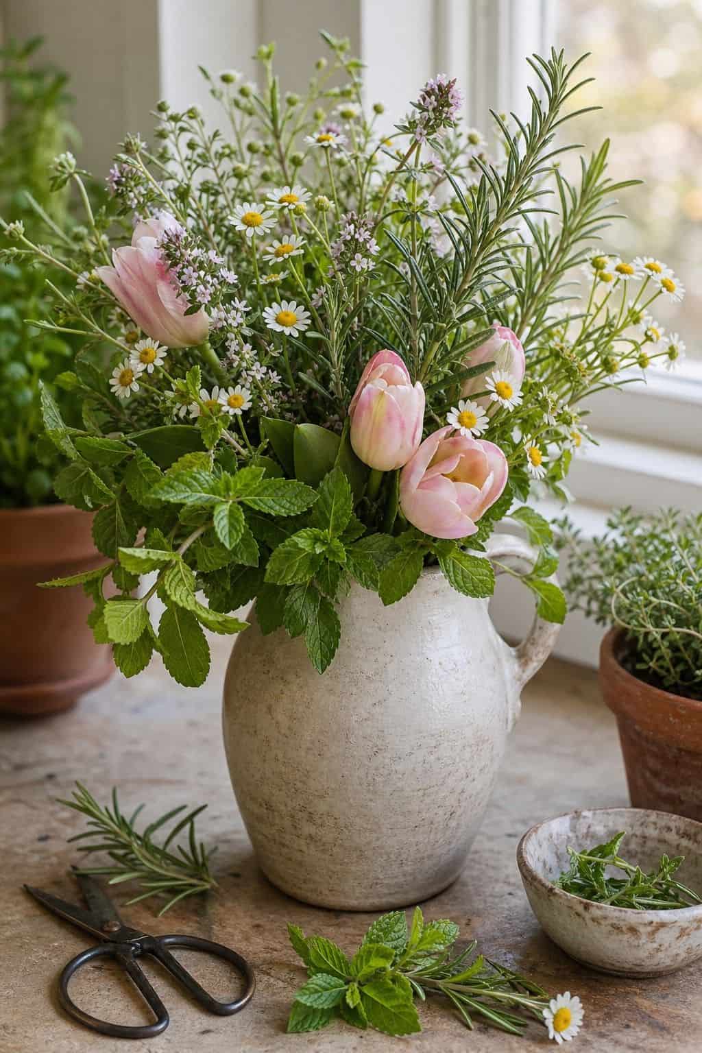 Herbs and Flowers Together shown as a realistic Pretty Wild World image for 18 Easter Flower Arrangements for a Fresh Joyful Spring Home.