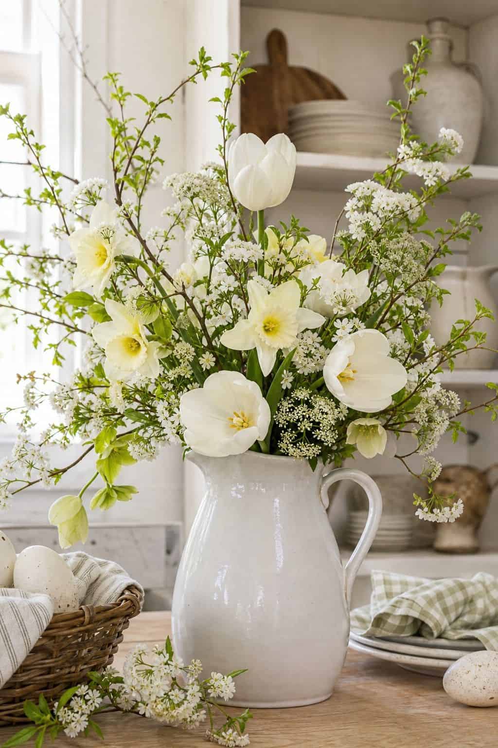 White Pitcher Arrangement shown as a realistic Pretty Wild World image for 18 Easter Flower Arrangements for a Fresh Joyful Spring Home.