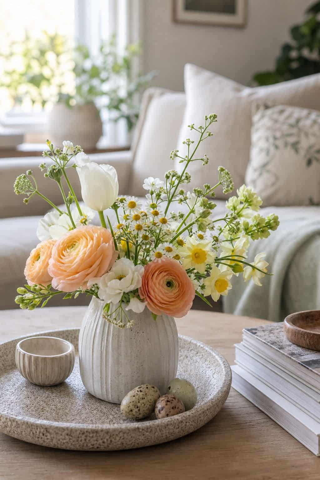 Coffee Table Posy shown as a realistic Pretty Wild World image for 18 Easter Flower Arrangements for a Fresh Joyful Spring Home.