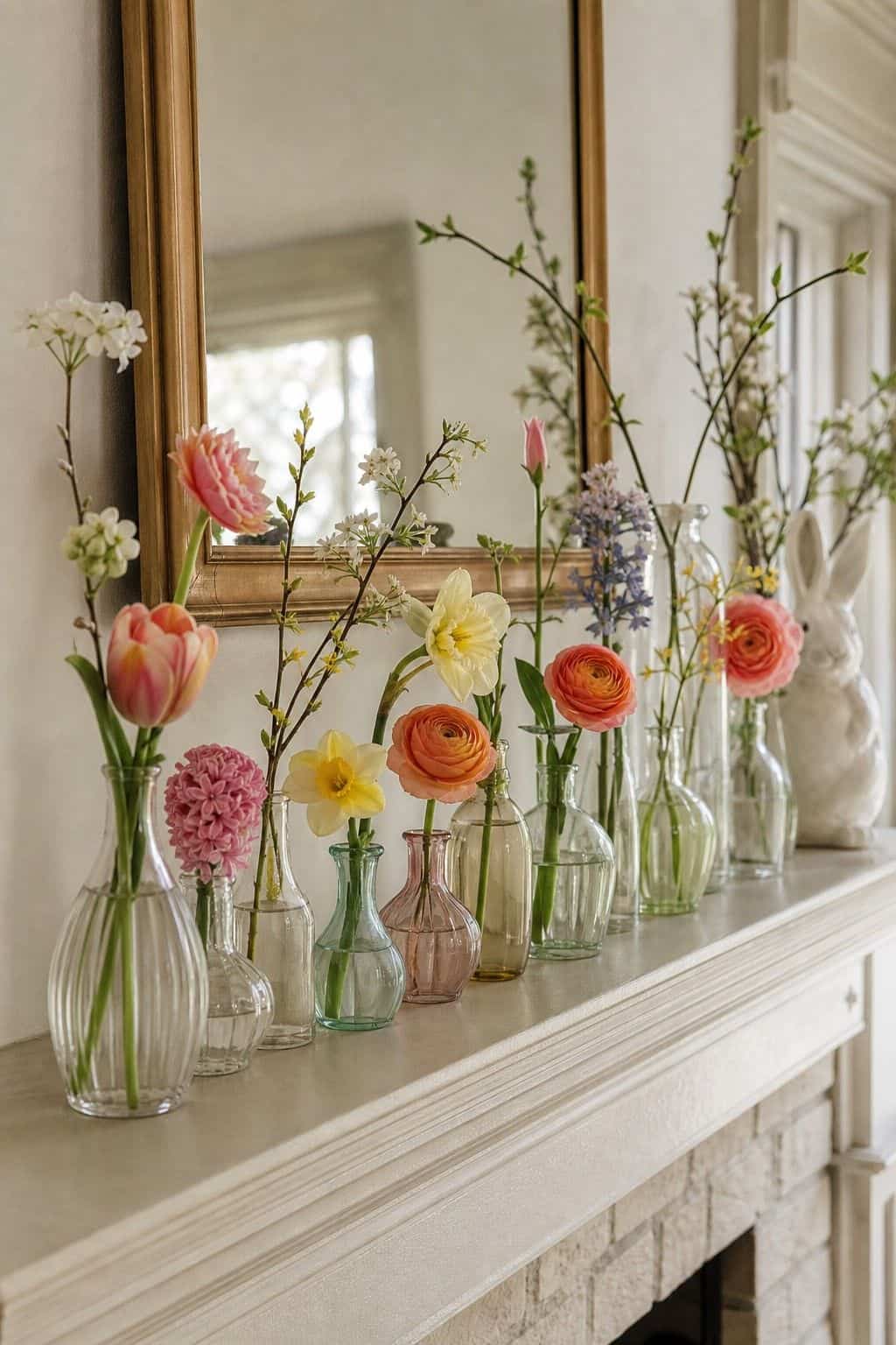 Mantel Bud Vase Line shown as a realistic Pretty Wild World image for 18 Easter Flower Arrangements for a Fresh Joyful Spring Home.