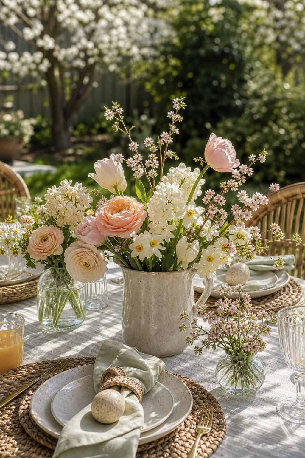 Outdoor Brunch Flowers shown as a realistic Pretty Wild World image for 18 Easter Flower Arrangements for a Fresh Joyful Spring Home.