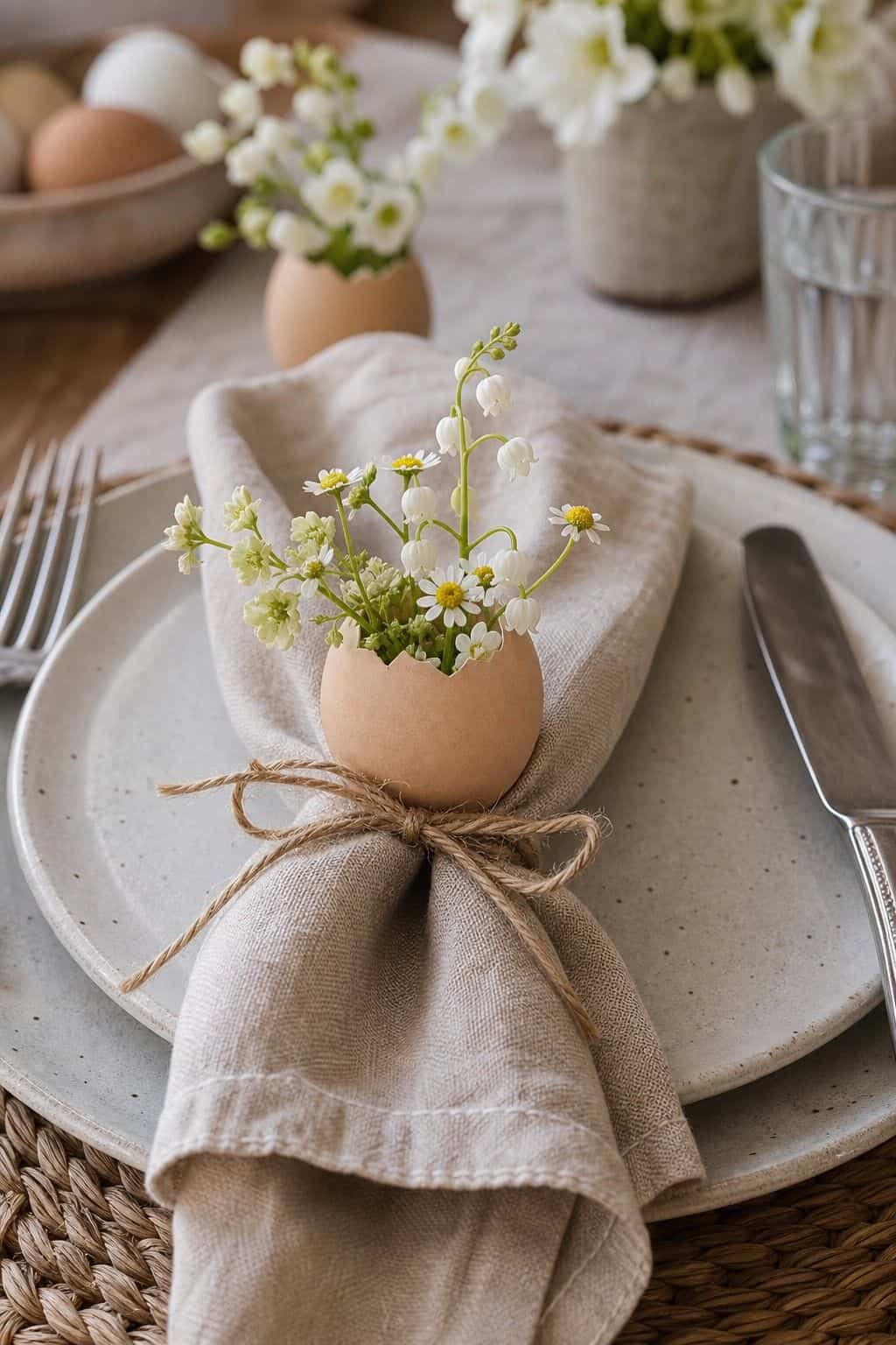 Eggshell Place-Setting Flowers shown as a realistic Pretty Wild World image for 18 Easter Flower Arrangements for a Fresh Joyful Spring Home.