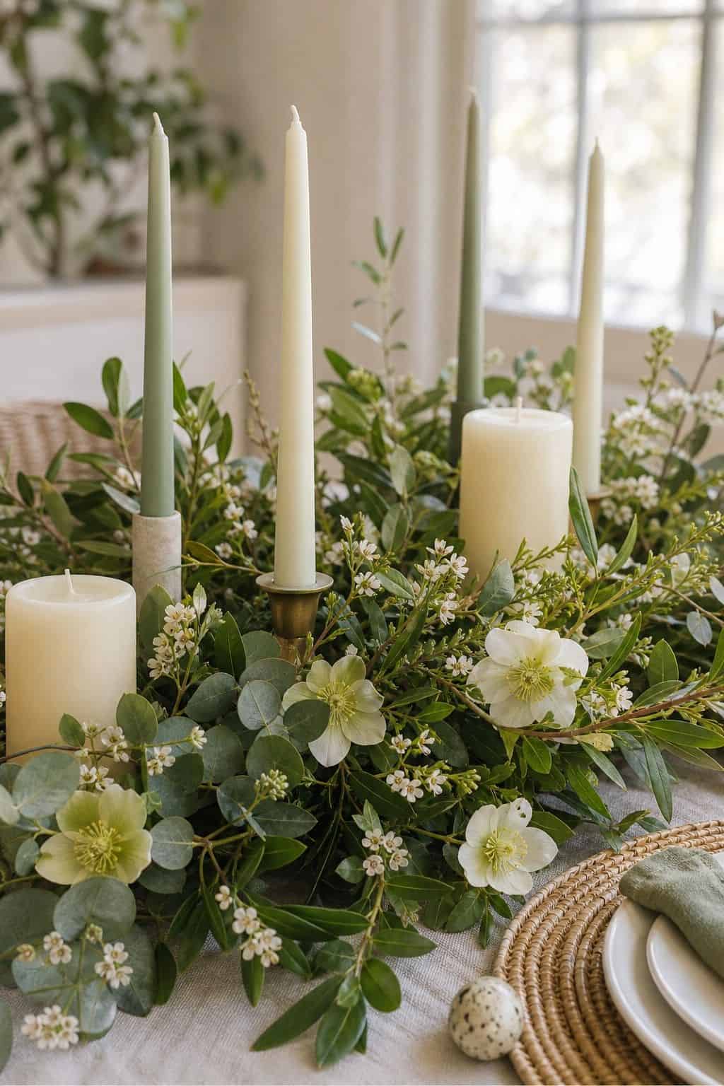 Greenery Around Candles shown as a realistic Pretty Wild World image for 18 Easter Flower Arrangements for a Fresh Joyful Spring Home.