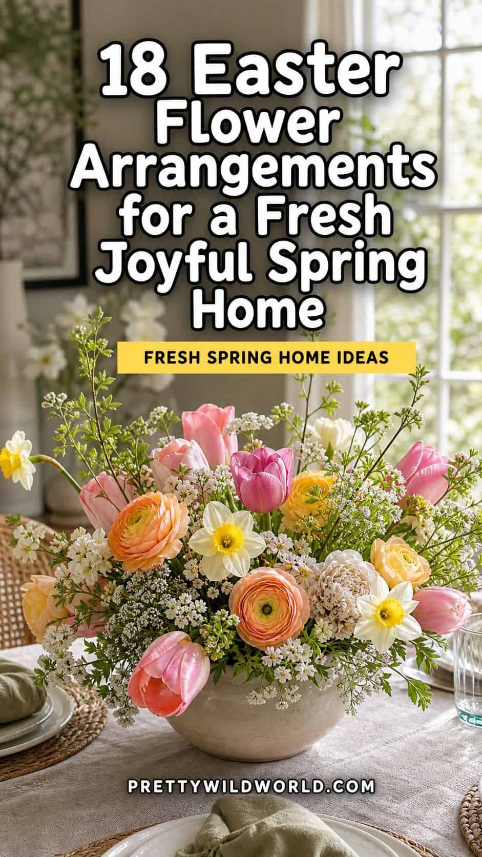 Pinterest pin for 18 Easter Flower Arrangements for a Fresh Joyful Spring Home from Pretty Wild World.