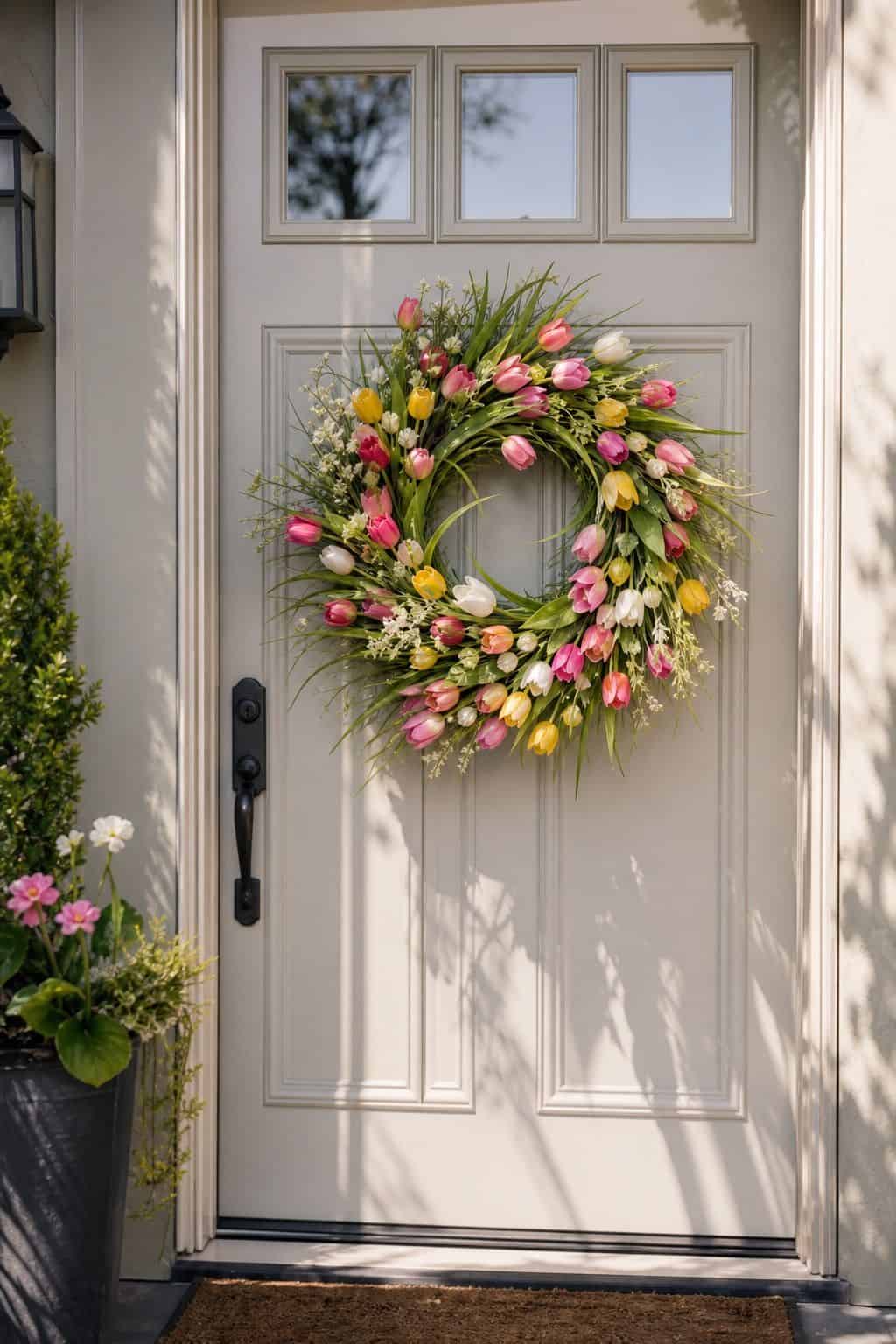 Tulip Front Door Wreath shown as a realistic Pretty Wild World image for 16 Easter Wreath Ideas for a Fresh Cheerful Front Door.