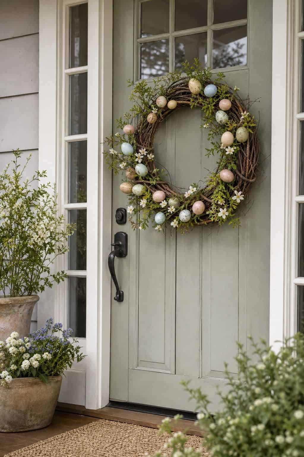 Grapevine Egg Wreath shown as a realistic Pretty Wild World image for 16 Easter Wreath Ideas for a Fresh Cheerful Front Door.